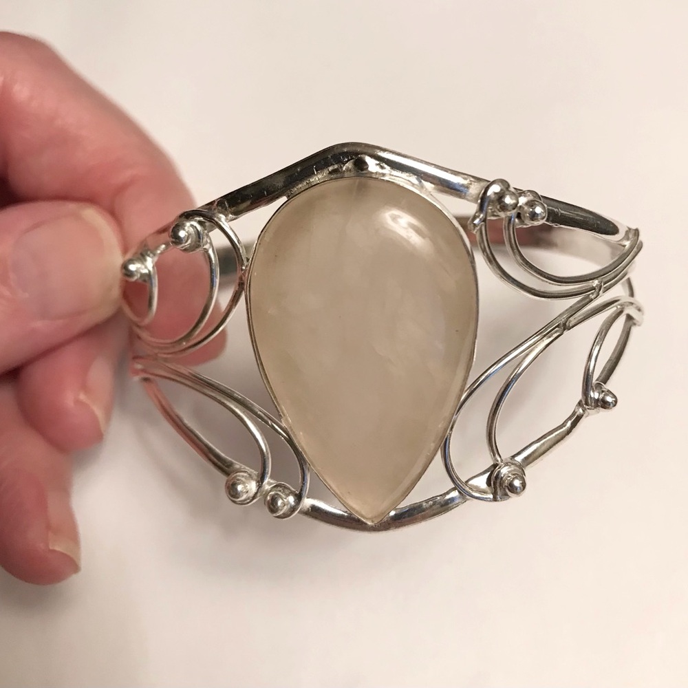 Rose Quartz Stamped Solid 925 Sterling Silver Cuff